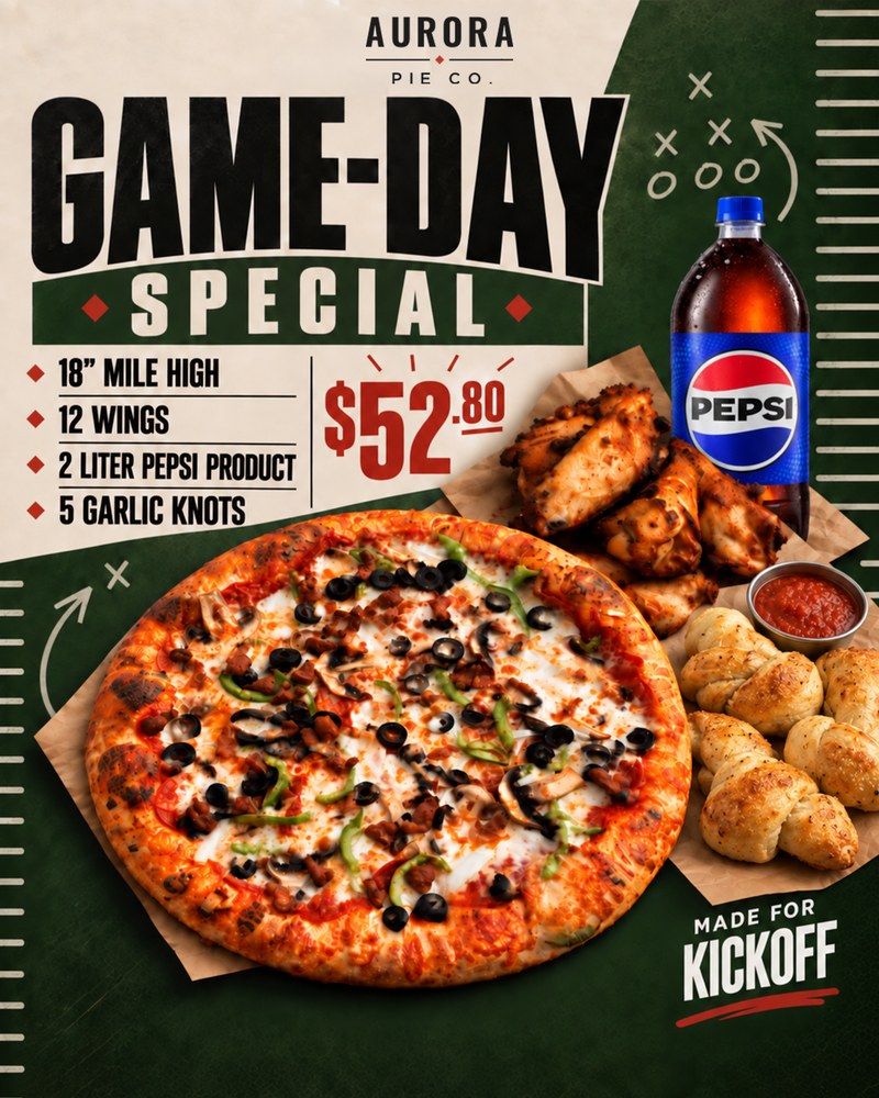 Aurora Pie Co. Game-Day Special: 18-inch Mile High pizza, 12 wings, a 2-liter Pepsi, and 5 garlic knots for $52.80. Order now.